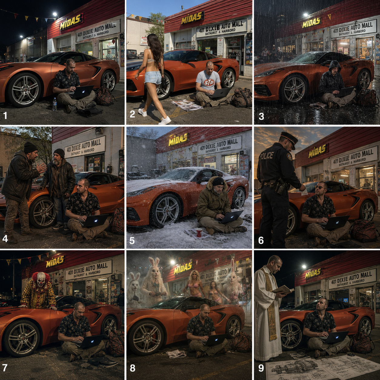 Nine-panel sequence at 401 Dixie Auto Mall showing a man working beside an orange sports car through changes of weather and surreal interruptions