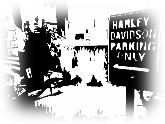 High-contrast image of a Harley Davidson parking-only sign near 401 and Dixie