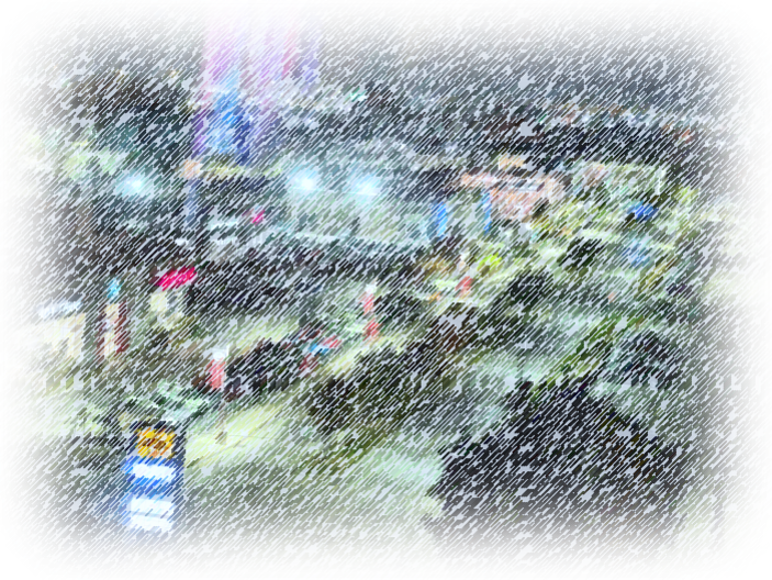 Blurred rain-streaked view of traffic near 401 and Dixie