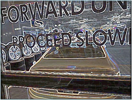 Processed car-window image with the words forward and proceed slowly