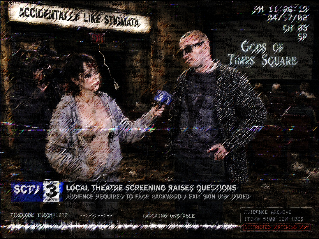 Crosshatched processed frame of the SCTV interview with an incomplete timecode waveform