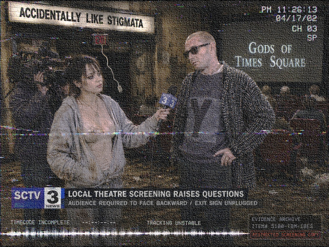 Dense screened variation of the local-news theatre frame with tracking and evidence overlays