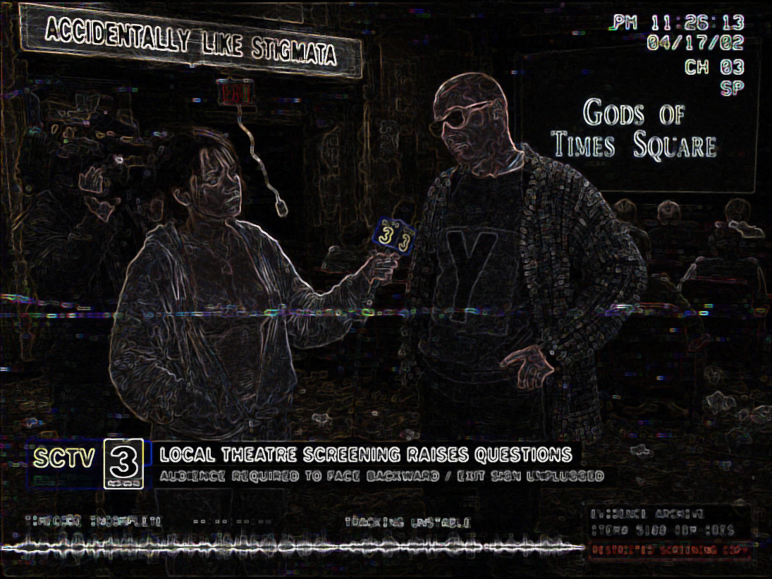Dark edge-traced version of the SCTV interview reduced to glowing contours and captions