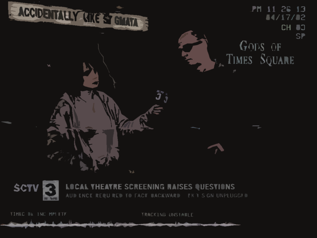 Posterized near-black variation of the local-news theatre interview