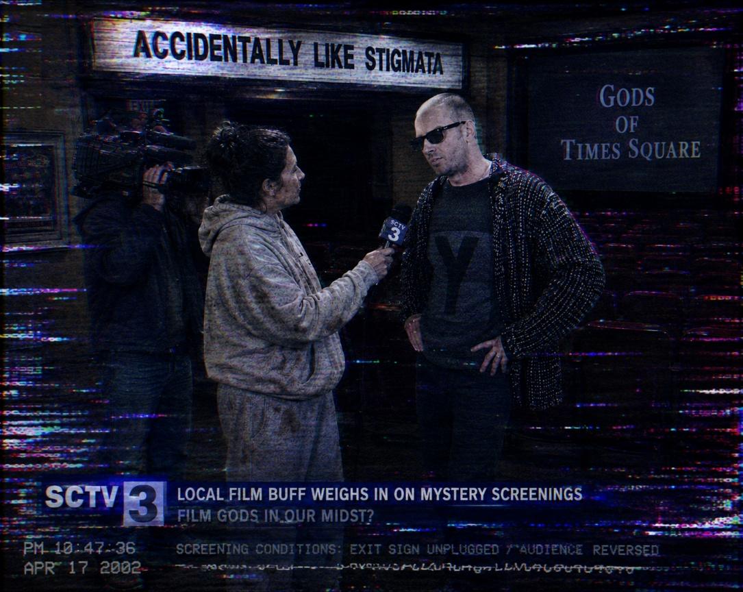 VHS-degraded variation of the SCTV theatre interview with heavy tracking noise