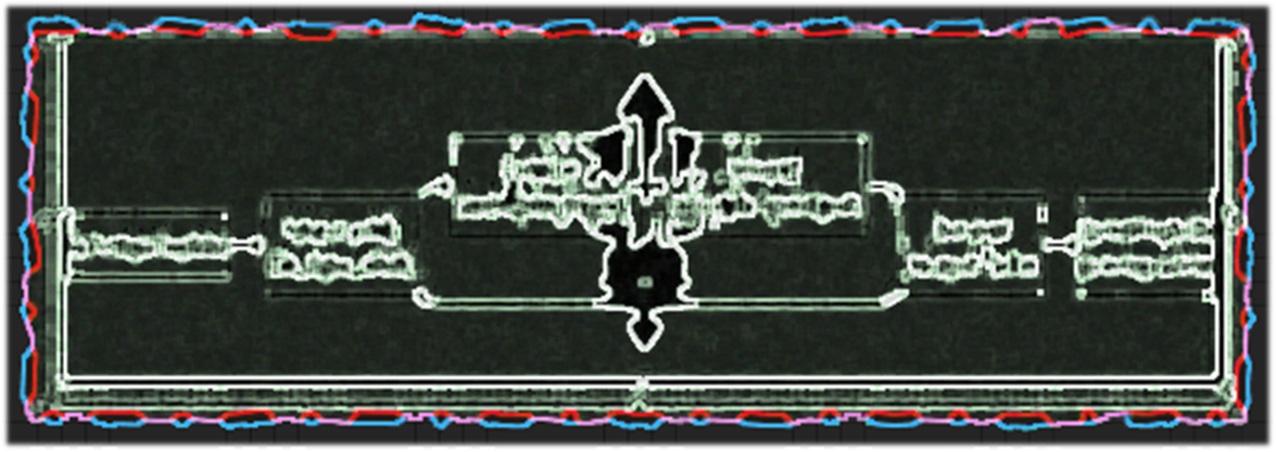 Mirrored black-and-white technical diagram with red and blue edge traces