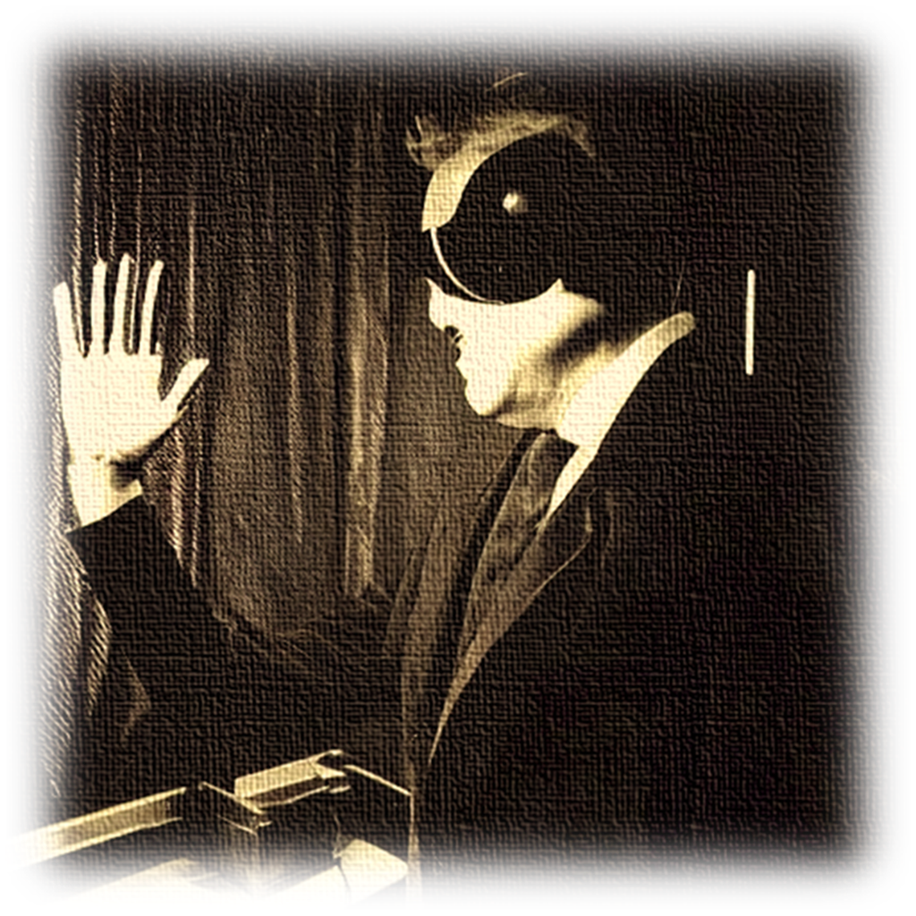 Sepia figure in a dark hat, face replaced by a black oval, hand held up beside a machine