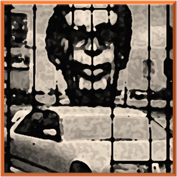 Large black face looming over a pale van behind a coarse window grid