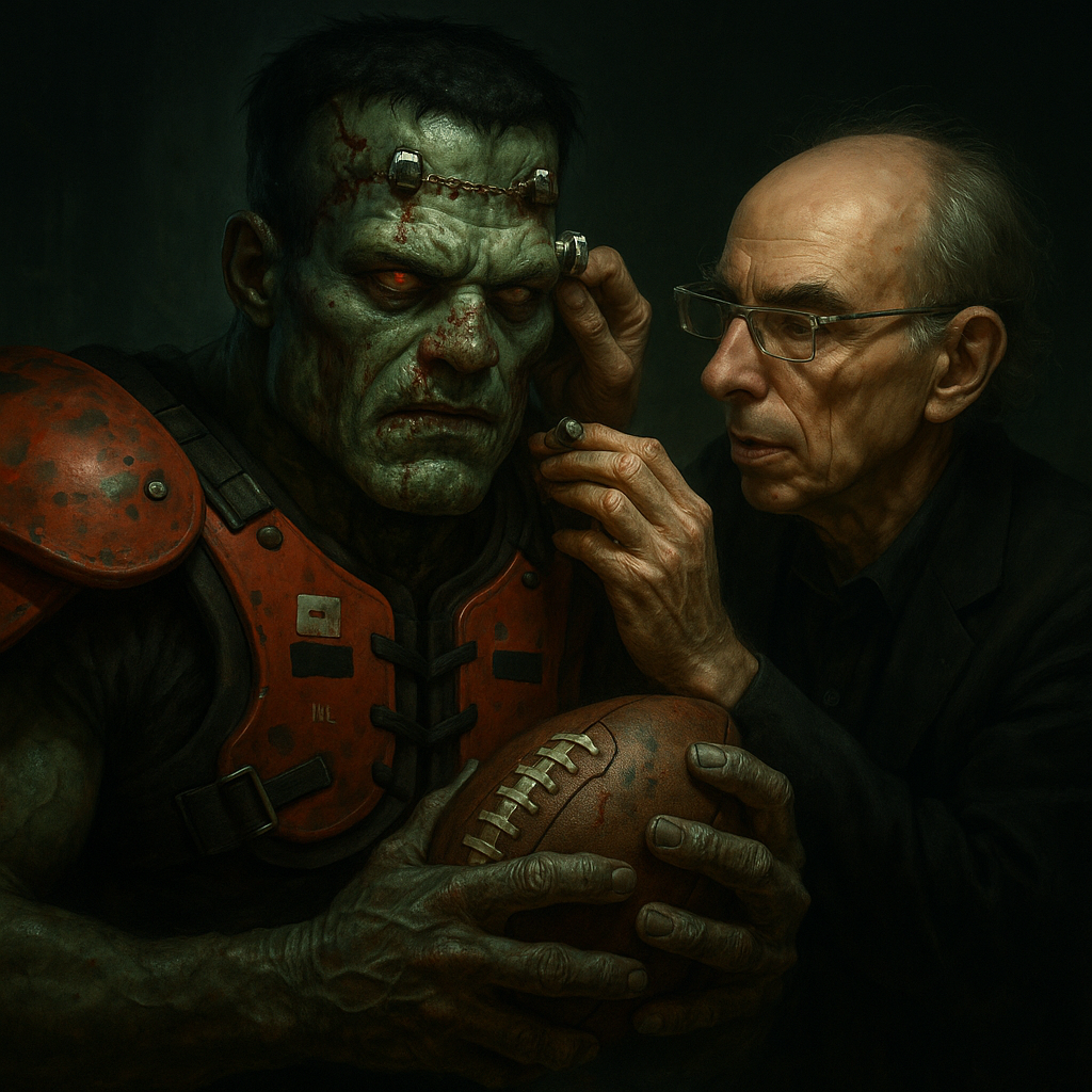 Frankenstein-like football player being adjusted by an older technician