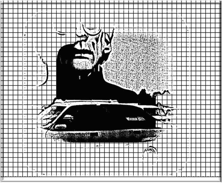 Black figure floating above a vehicle on a strict white measurement grid