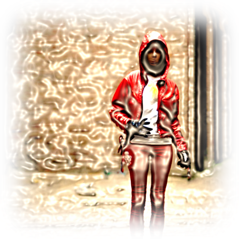 Red-hooded figure standing in a metallic, liquefied urban scene