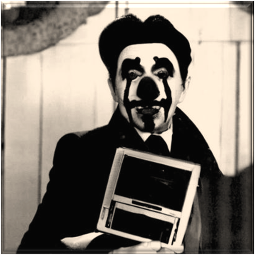 Black-and-white clown-faced office worker holding an early portable computer