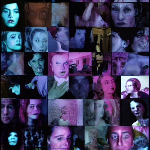 Blue and violet grid of faces caught in unstable expressions