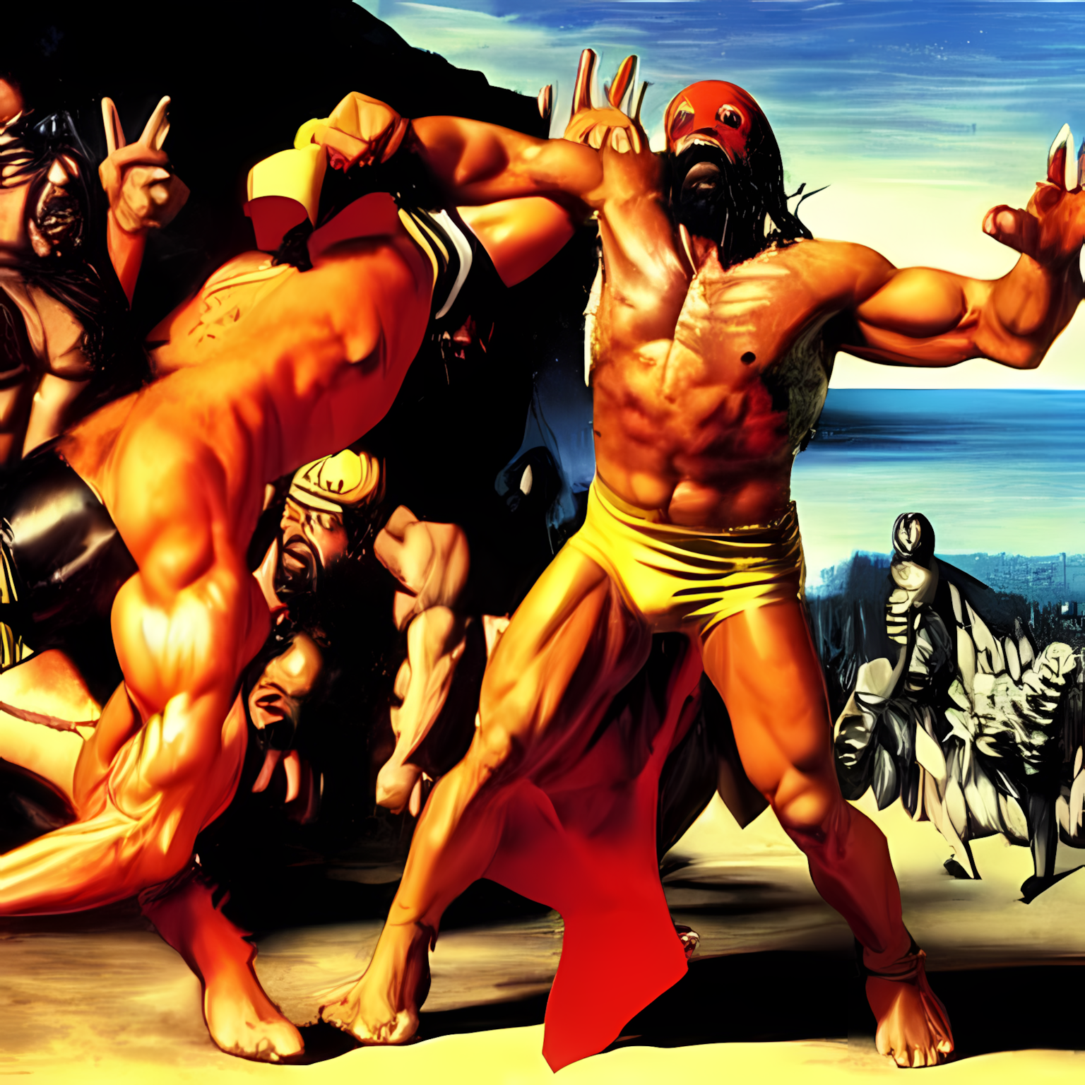 Orange-red masked wrestlers colliding across a fractured beach scene